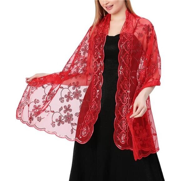 Sequin Floral Shawls Wraps Red - Picture 2 of 6